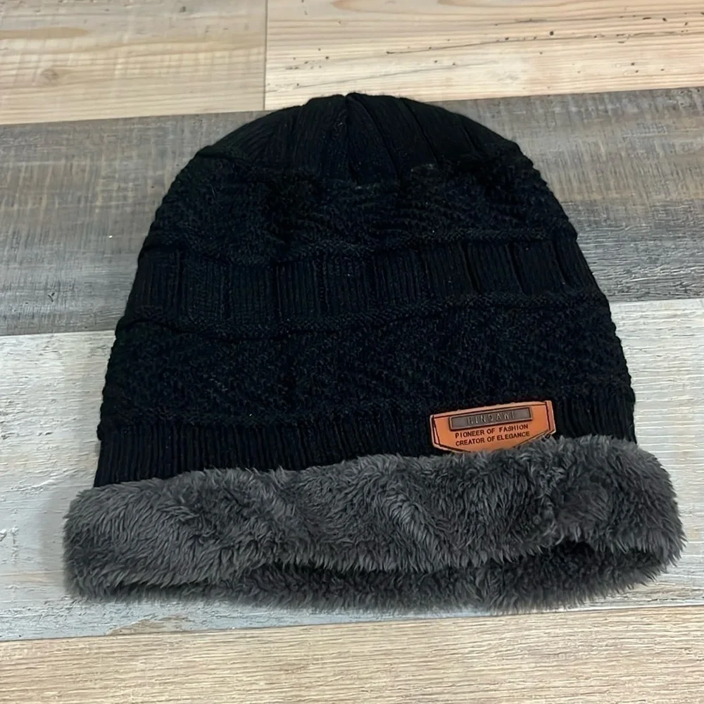 HINDAWI Sherpa Fleece Knit Beanie Unisex Adult Black Winter Slouch Hat Cap‎ OS